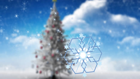 Animation-of-snow-falling-over-christmas-tree-and-clouds-ob-blue-background