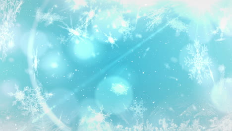 Animation-of-falling-snowflakes-and-lights-over-blue-background