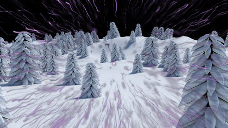 Purple-light-trails-exploding-over-multiple-trees-on-winter-landscape-against-black-background