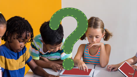 Animation-of-green-question-mark-over-diverse-schoolchildren-using-tablets-in-classroom