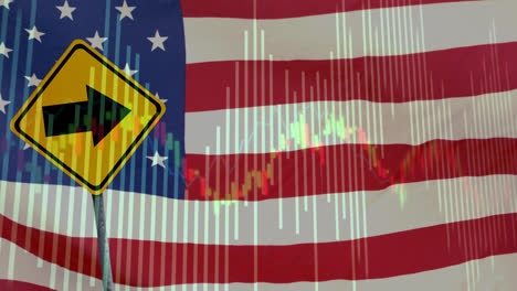 Animation-Der-Verarbeitung-Finanzieller-Daten-über-Straßenschild-Und-Flagge-Der-USA
