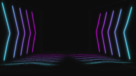 Animation-of-blue,-purple-and-pink-glowing-neon-chevrons-on-black-background