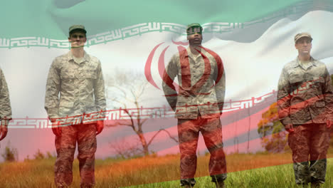 Animación-De-La-Bandera-De-Irán-Ondeando-Sobre-Diversos-Soldados.