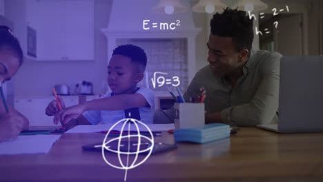 Animation-of-maths-equations-over-father-helping-son-and-daughter-with-homework