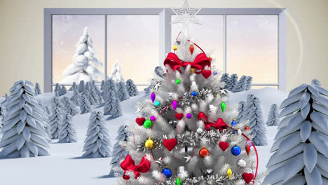 Weißer-Weihnachtsbaum-Und-Fensterrahmen-Gegen-Schnee,-Der-über-Winterlandschaft-Fällt