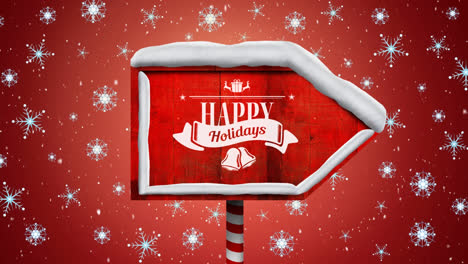 Animation-of-falling-snowflakes-over-wooden-sign-with-happy-holidays-text