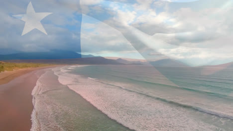 Digitale-Komposition-Aus-Wehender-Chilenischer-Flagge-Vor-Der-Luftaufnahme-Von-Strand-Und-Meereswellen