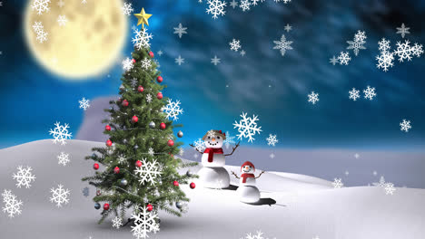 Animation-of-falling-snowflakes-over-christmas-tree-in-winter-landscape
