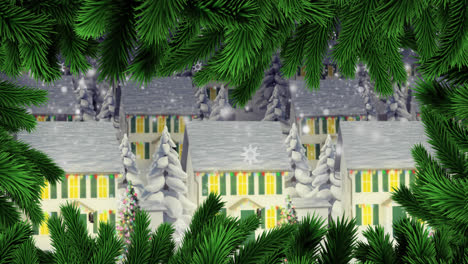 Animation-of-falling-snowflakes-over-fir-tee-branches-and-winter-cityscape