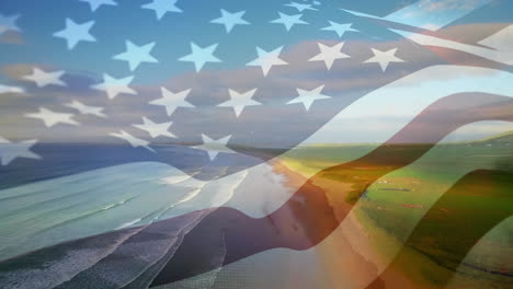 Digitale-Komposition-Der-Schwenkenden-US-Flagge-Vor-Der-Luftaufnahme-Von-Strand--Und-Meereswellen
