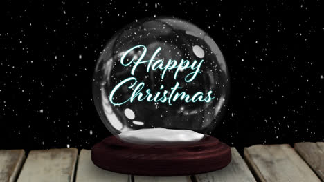 Shooting-star-around-happy-chritmas-text-in-a-snow-globe-on-wooden-surface-against-black-background