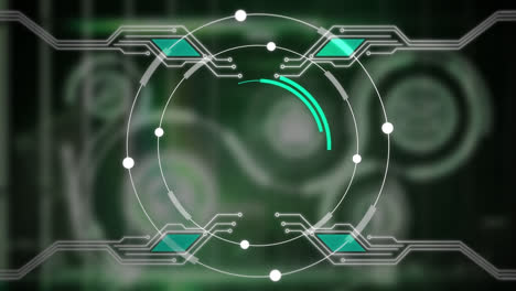 Animation-of-circles-and-integrated-circuit-processing-on-black-and-green-background