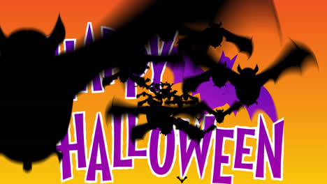 Animation-Von-Halloween-Grüßen-Und-Fliegenden-Fledermäusen-Auf-Orangefarbenem-Hintergrund