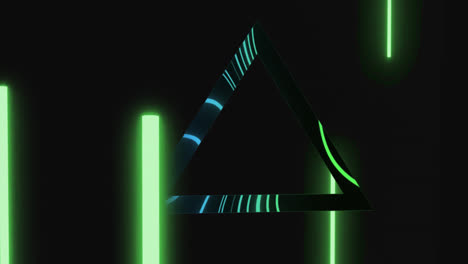 Animation-of-triangle-reflecting-green-neon-beams-and-blue-lights-on-black-background