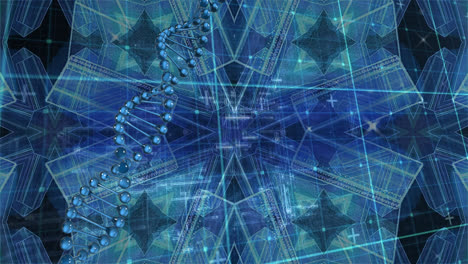 Animation-Eines-Sich-Drehenden-DNA-Strangs-über-Einer-Kaleidoskopischen-Form