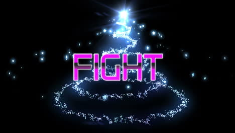 Animation-of-fight-text-in-pink-letters-over-glowing-christmas-tree-and-spots-of-light