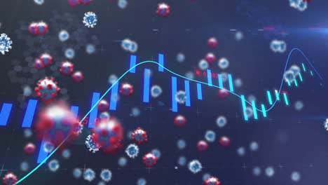 Animation-Von-Covid-19-Zellen-Und-Statistiken-Auf-Blauem-Hintergrund
