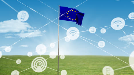 Animation-Des-Verbindungsnetzwerks-Und-Der-Symbole-über-Der-UE-Flagge-Und-Dem-Bewölkten-Himmel