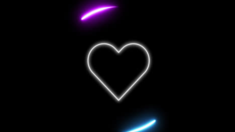 Animation-of-neon-flickering-heart-icon-with-purple-and-blue-light-trails-on-black-background
