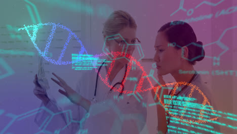 Animation-of-data-processing-and-dna-strand-spinning-over-diverse-female-doctors