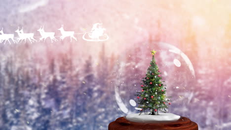 Animation-Des-Weihnachtsmanns-Im-Schlitten-Mit-Rentieren-über-Schnee,-Der-über-Den-Weihnachtsbaum-In-Einer-Schneekugel-Fällt