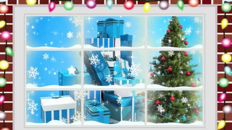 Animation-Eines-Weihnachtsbaums-Und-Geschenken,-Gesehen-Vom-Fenster
