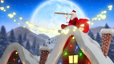 Animation-of-christmas-lights-and-santa-claus-in-night-winter-landscape