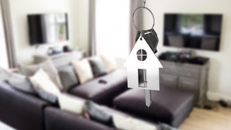 Silver-house-keys-hanging-against-interior-of-modern-living-room-in-background