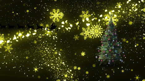 Animation-of-santa-claus-in-sleigh-with-reindeer-over-shooting-star-and-christmas-tree