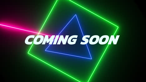 Animation-of-coming-soon-text-in-white-with-colourful-rotating-neon-shapes-scanning-on-black