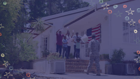Animation-Der-US-Flagge-über-Einer-Afroamerikanischen-Familie,-Die-Einen-Soldaten-Auf-Seinem-Heimweg-Begrüßt