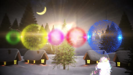Animation-of-christmas-baubles-over-houses-in-winter-scenery
