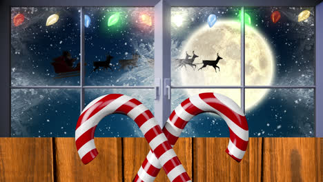 Animation-Des-Weihnachtsmanns-Im-Schlitten-Mit-Rentieren,-Schneefall,-Mond-Und-Weihnachtsdekorationen