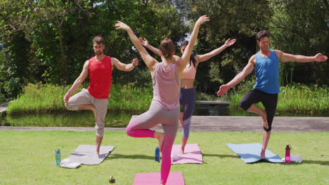 Rear-view-of-caucasian-female-instructor-practicing-yoga-pose-with-diverse-group-in-park