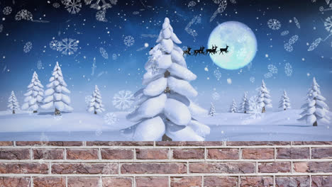 Schneeflocken-Fallen-über-Ziegelmauer-Planke-Gegen-Winterlandschaft-Und-Mond-Im-Nachthimmel