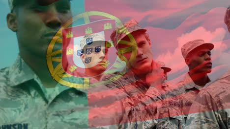 Animation-of-flag-of-portugal-waving-over-diverse-soldiers