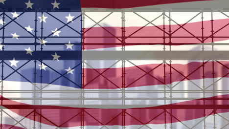 Animation-of-construction-site-and-cityscape-with-american-flag