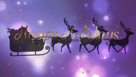 Animation-of-happy-holidays-text-over-santa-claus-in-sleigh-with-reindeer-and-bokeh