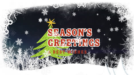 Animation-of-season's-greetings-text-over-snow-falling-and-winter-landscape-at-christmas