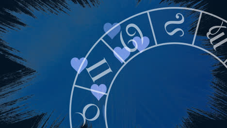 Animation-of-zodiac-circle-rotating-over-blue-background-with-hearts