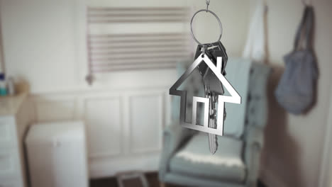 Animation-of-silver-key-and-house-key-ring-over-blurred-house-interior