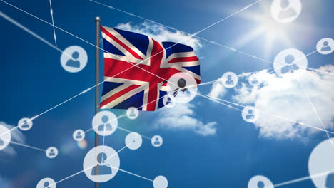 Animation-of-network-of-connection-and-icons-over-uk-flag-and-cloudy-sky