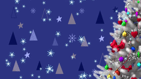 Animation-of-christmas-tree-over-christmas-tree-pattern-on-blue-background