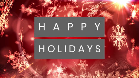 Happy-holidays-grey-text-banner-over-snowflakes-and-spots-of-light-against-red-background