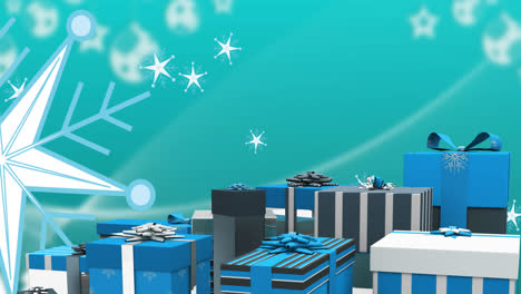Animation-Von-Weihnachtsgeschenken-über-Sternen-Und-Blauem-Hintergrund
