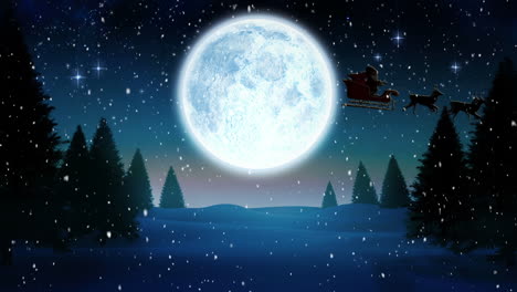 Animation-of-santa-sleigh-and-snow-falling-in-night-winter-landscape