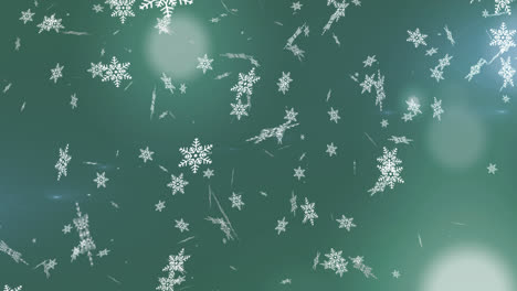 Digitale-Animation-Von-Schneeflocken,-Die-Vor-Lichtpunkten-Auf-Grünem-Hintergrund-Fallen