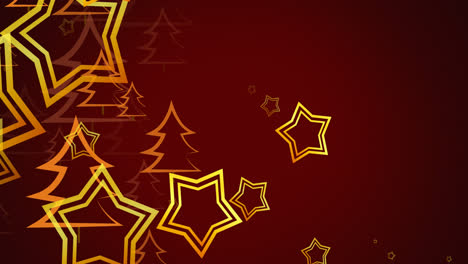 Animation-Von-Sternen,-Die-Zu-Weihnachten-über-Tannenbäume-Auf-Rotem-Hintergrund-Fallen