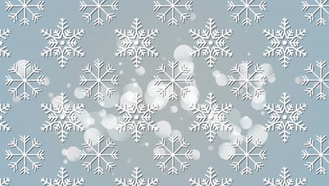 Animation-of-multiple-snow-flakes-over-glowing-spots-on-blue-background