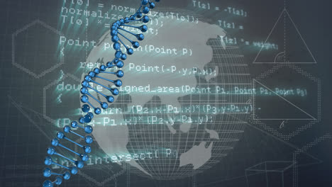 Animation-of-spinning-dna-strand-over-data-processing-and-globe